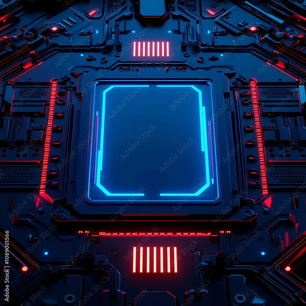 Fototapeta premium Futuristic Circuit Board Design with Blue and Red Neon Lights, High-Tech Background for Digital Art, Gaming, and Technology Concepts