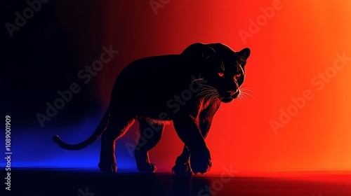A sleek black panther walking forward, partially illuminated by deep blue and orange neon lights, with glowing eyes and a background of dark, vibrant neon gradients.