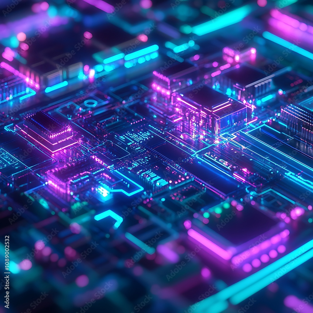 Futuristic Circuit Board with Vibrant Neon Colors, Featuring Intricate Microprocessors and Glowing Connections in a High-Tech Digital World Futuristic Circuit Board with Vibrant Neon Colors, Featuring Intricate Microprocessors and Glowing Connections in a High-Tech Digital World