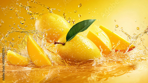 Fresh mango slices splash in vibrant yellow juice, showcasing their juicy texture and bright color. scene captures essence of summer and tropical flavors