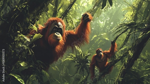 Majestic Orangutans in a Lush Tropical Rainforest Habitat photo