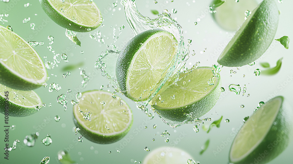 High resolution photograph of lime slices mid air surrounded by water droplets, creating refreshing and vibrant scene High resolution photograph of lime slices mid air surrounded by water droplets, creating refreshing and vibrant scene