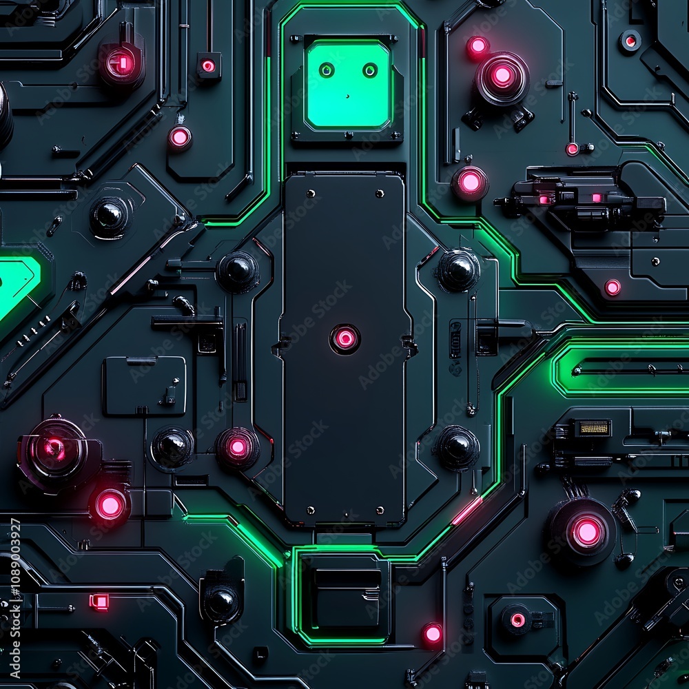 Fototapeta premium Futuristic Digital Circuit Board with Neon Lights, Abstract Technology Background Featuring Vibrant Green and Red Elements, Ideal for Tech-Related Designs and Concepts