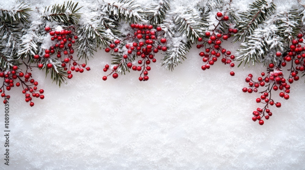 Christmas border with pine snow and red berries on white background Christmas border with pine snow and red berries on white background