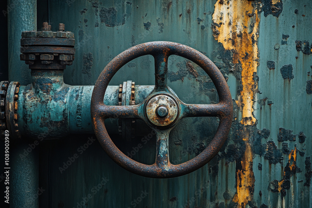 Rusty industrial valve on a weathered metallic surface, showcasing textures and colors of age and wear, with peeling paint and corroded metal details.