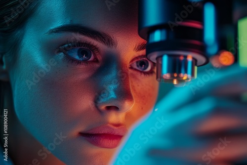 Close-up of a researcher analyzing samples under a modern microscope. Curiosity and innovation drive scientific discovery. Explore the world through microscopic lenses. Generative AI photo