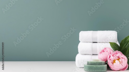 A stack of fluffy white towels, accented by pink peonies and a jade roller resting nearby, 3D illustration photo