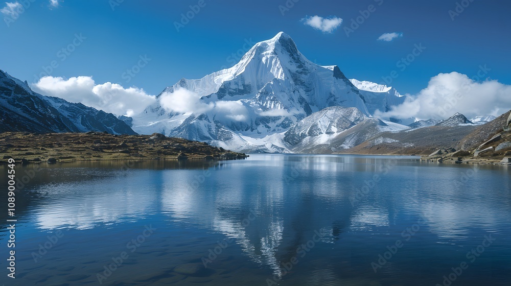 The photo showcases a majestic snow-capped mountain range with clouds hugging the peaks, a pristine alpine lake reflecting the scenery below. Photography, National Geographic Style, spectacular backdr