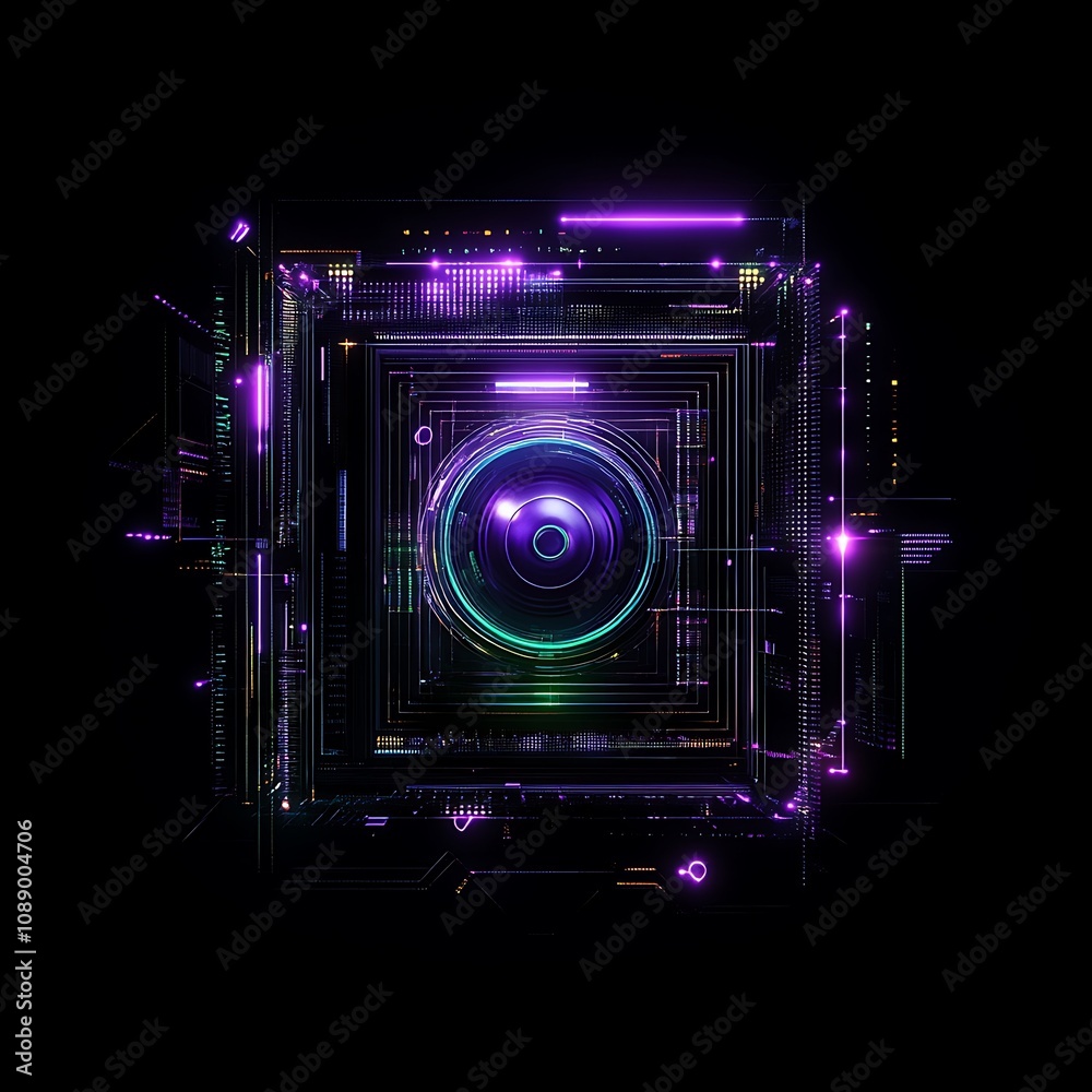 Futuristic Digital Lens with Neon Elements Surrounded by Abstract Geometric Patterns in a Dark Background Creating a High-Tech Visual Experience Futuristic Digital Lens with Neon Elements Surrounded by Abstract Geometric Patterns in a Dark Background Creating a High-Tech Visual Experience