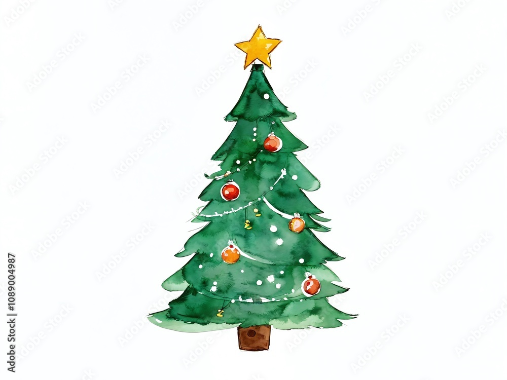 Festive Christmas tree decorated with ornaments, baubles and a golden star on top for the holiday season Festive Christmas tree decorated with ornaments, baubles and a golden star on top for the holiday season
