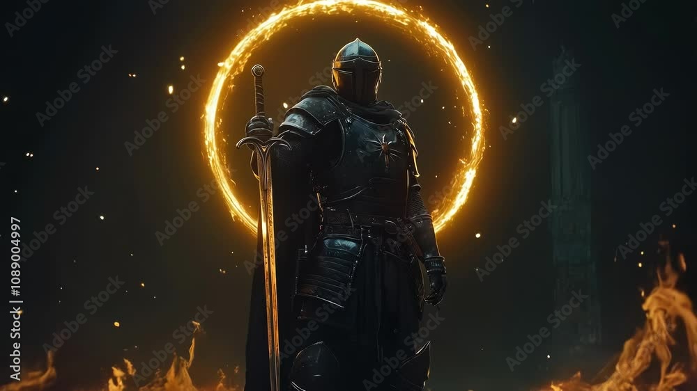Black knight in full armor stands with his sword, behind him is golden glow an aura circle and flames surrounding it, in style of fantasy art and Middle Ages. A character for a historical game. Black knight in full armor stands with his sword, behind him is golden glow an aura circle and flames surrounding it, in style of fantasy art and Middle Ages. A character for a historical game.