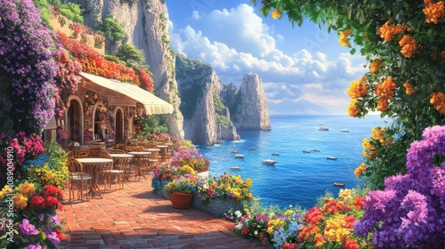 Idyllic Coastal Cafe Overlooking Serene Seaside
