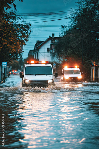 Emergency response vehicles navigating flooded city streets
