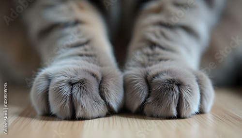 Closeup of a cat's paws with soft, fluffy gray fur  photo