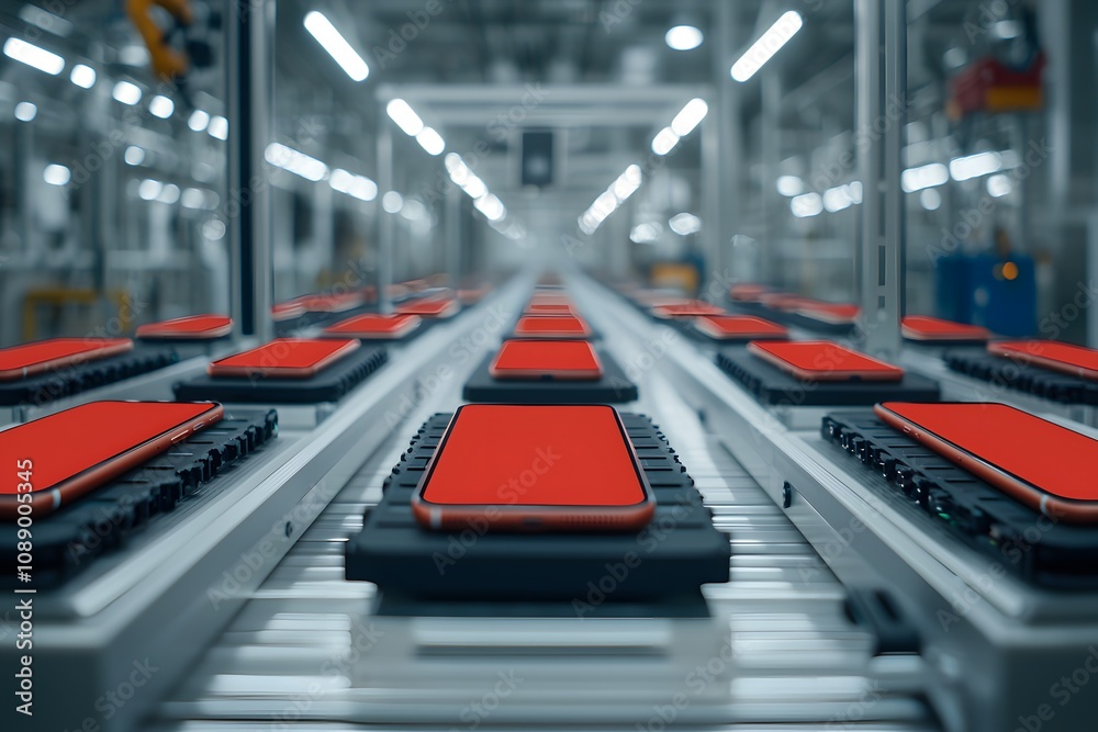 Smartphones Moving Through a Testing Conveyor Belt – A High-Tech Scene of Quality Control and Production Efficiency in Electronics Manufacturing Smartphones Moving Through a Testing Conveyor Belt – A High-Tech Scene of Quality Control and Production Efficiency in Electronics Manufacturing