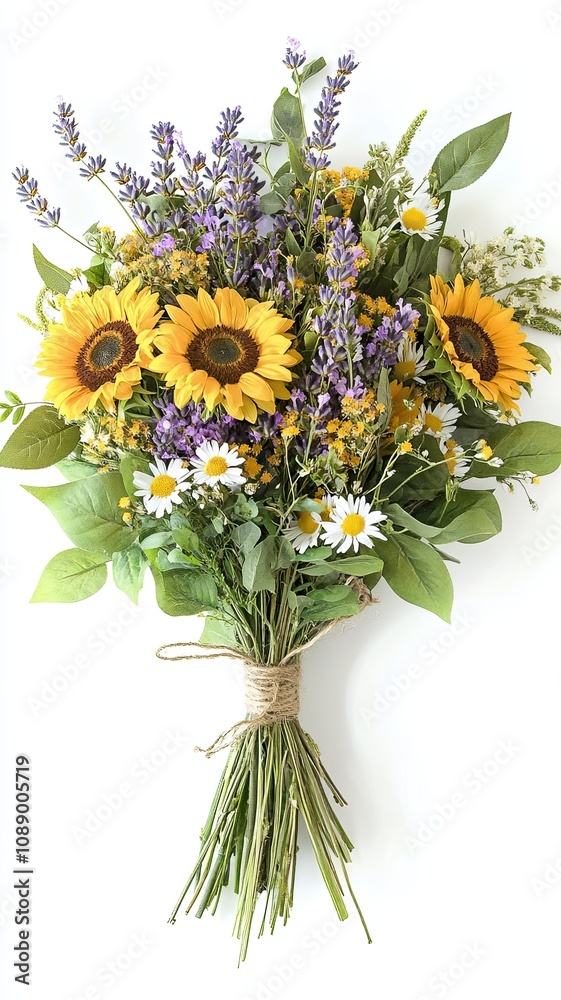 Obraz premium Summer Bouquet: A vibrant mix of sunflowers, lavender, and chamomile blossoms, tied with twine, evokes a sense of warmth, happiness, and the beauty of nature. 