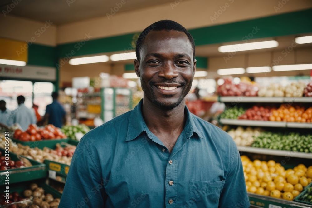 Close portrait of a smiling 40s Gambian male grocer standing and looking at the camera, Gambian grocery store blurred background Close portrait of a smiling 40s Gambian male grocer standing and looking at the camera, Gambian grocery store blurred background