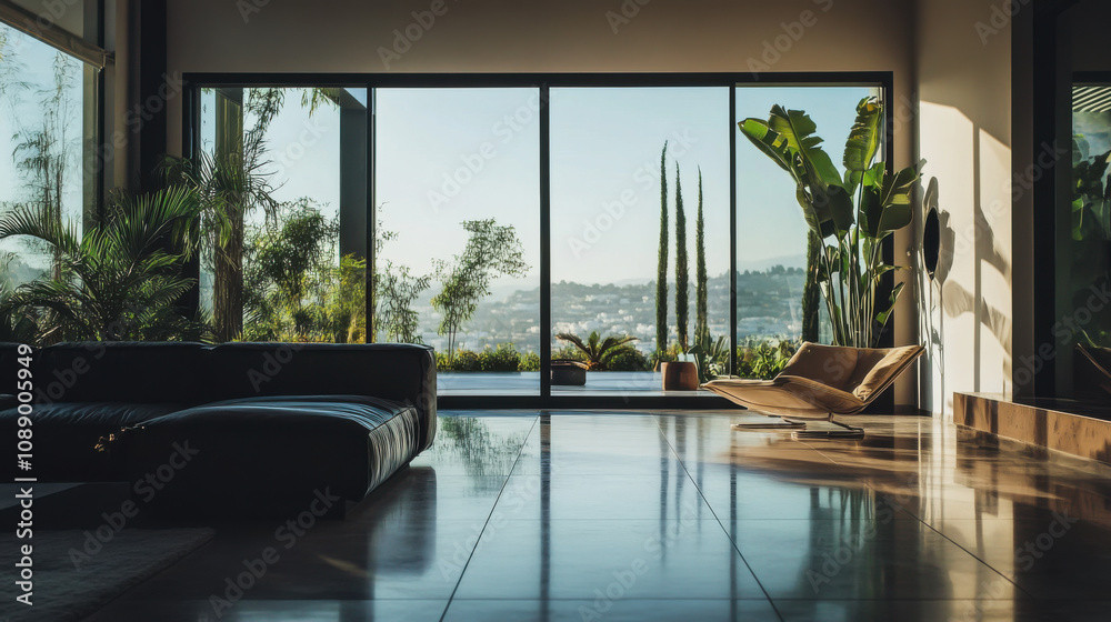 Fototapeta premium Modern living room with large windows showcasing a serene outdoor view and lush plants on a sunny day