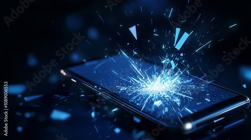 A close-up of a smartphone shattering with vibrant spark effects, capturing the moment of impact in stunning detail.