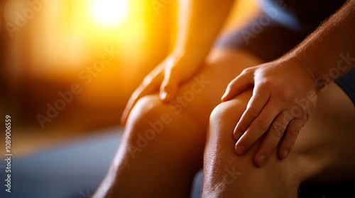 Wallpaper Mural A close-up of a person holding their painful knee in a warm, soft-lit setting, depicting discomfort and care. Torontodigital.ca