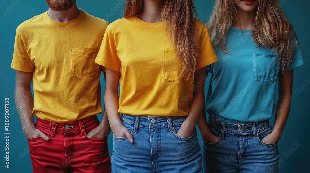 Three young adults in yellow and blue t-shirts and jeans against a teal background. Three young adults in yellow and blue t-shirts and jeans against a teal background.