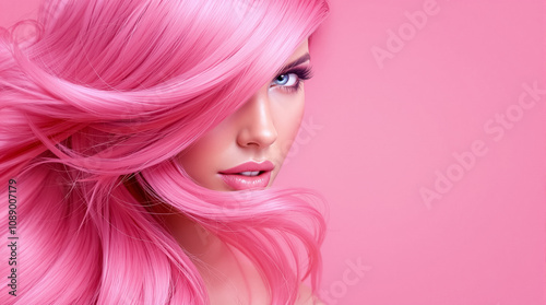 Vibrant pink hair and matching background highlight the model's bold eye makeup and soft lips