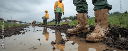 Street Crew Unclogging Drainage Canal in Overcast Weather - Hardworking Team Removing Dirt and Debris from Murky Puddles photo