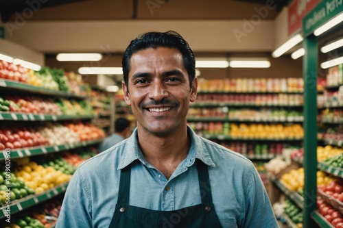 Close portrait of a smiling 40s Guatemalan male grocer standing and looking at the camera, Guatemalan grocery store blurred background