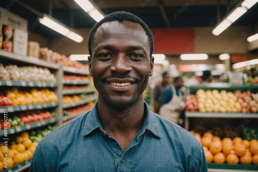 Close portrait of a smiling 40s Guinean male grocer standing and looking at the camera, Guinean grocery store blurred background Close portrait of a smiling 40s Guinean male grocer standing and looking at the camera, Guinean grocery store blurred background