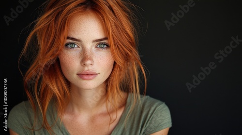 Portrait of young red-haired woman with freckles, natural beauty, close-up, green shirt, confident expression, ginger hair, minimal makeup, studio shot, captivating face, elegance