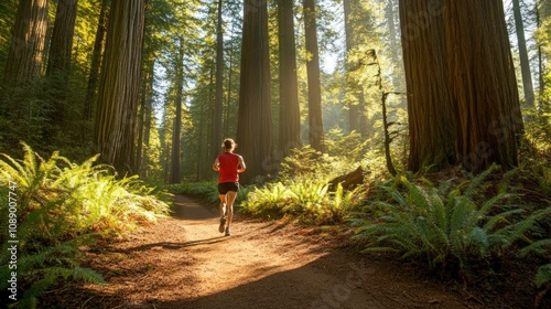 Runner in Redwood Forest Trail, Sunlight Dappled Path,Morning Jog,Peaceful Atmosphere,California Redwoods,Nature,Exercise,Healthy Lifestyle,Outdoor Recreation