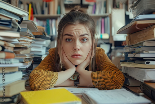 Woman balancing work and home tasks, looking visibly stressed photo