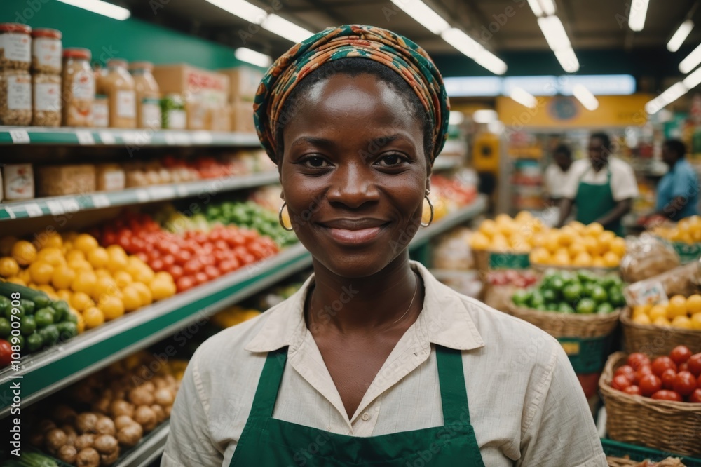 Close portrait of a smiling 40s Guinean female grocer standing and looking at the camera, Guinean grocery store blurred background Close portrait of a smiling 40s Guinean female grocer standing and looking at the camera, Guinean grocery store blurred background