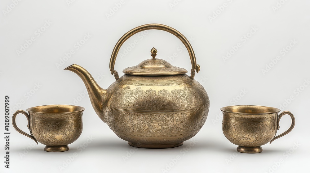 Close-up view highlights the intricate craftsmanship of a brass tea set from Azerbaijan Close-up view highlights the intricate craftsmanship of a brass tea set from Azerbaijan