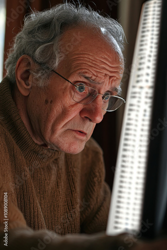 Man with furrowed brows staring at a long list of tasks on a computer photo