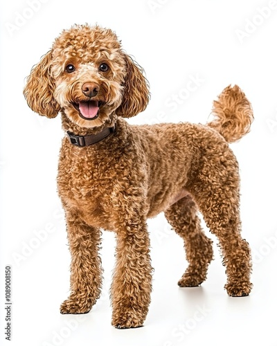 Smiling Brown Poodle Portrait: A cheerful brown poodle with a playful grin and a wagging tail, standing proudly against a clean backdrop.