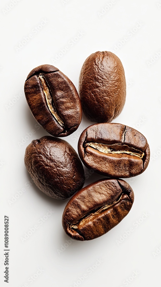 Roasted Coffee Beans: A close-up of four roasted coffee beans, their rich brown hues and intricate textures showcased in a minimalist composition. Roasted Coffee Beans: A close-up of four roasted coffee beans, their rich brown hues and intricate textures showcased in a minimalist composition.