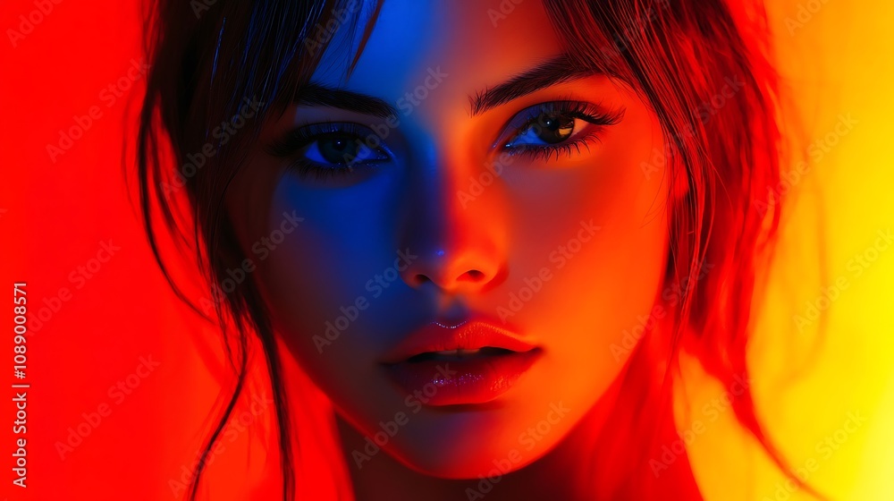 A close-up portrait of a fashion model with dramatic makeup, contrasting neon red and blue lights A close-up portrait of a fashion model with dramatic makeup, contrasting neon red and blue lights