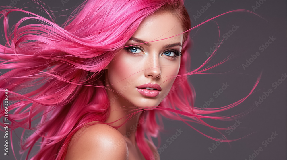 Model with pink hair poses with flowing locks, highlighting her features against a soft backdrop in a beauty shoot Model with pink hair poses with flowing locks, highlighting her features against a soft backdrop in a beauty shoot