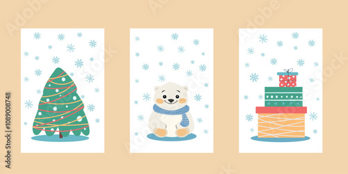 Greeting cards, Cute Baby Polar Bear with Blue Scarf, Christmas tree with garland and snowflakes, fWrapped Christmas presents, flat minimalist style, festive vector design 