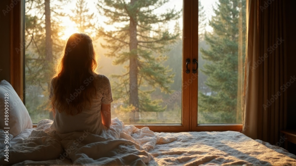 Woman Relaxing in Camper Van with Forest View Woman Relaxing in Camper Van with Forest View