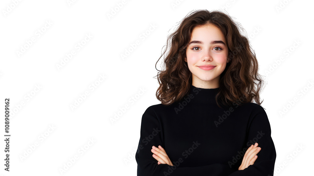 A young woman with curly hair smiling confidently in a black sweater. Transparent background. A young woman with curly hair smiling confidently in a black sweater. Transparent background.