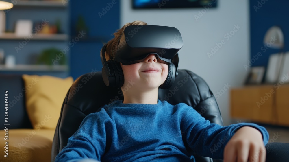 A young boy enjoys an immersive virtual reality experience at home while seated comfortably in a chair during the afternoon A young boy enjoys an immersive virtual reality experience at home while seated comfortably in a chair during the afternoon