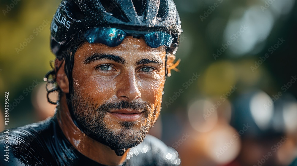 Sweaty man with helmet and sunglasses after a race. Sweaty man with helmet and sunglasses after a race.