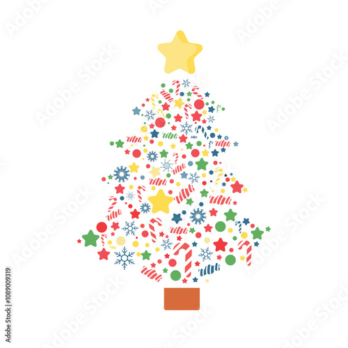 Colorful Christmas Tree made from candy, peppermints, stars, dots, Xmas ornaments, for holiday, December, winter graphic element