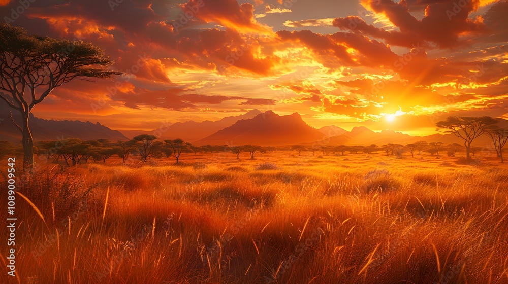 The photo showcases a sprawling savanna at sunset, golden grasslands dotted with acacia trees and distant mountains under a vibrant orange sky. Photography, National Geographic Style, spectacular back The photo showcases a sprawling savanna at sunset, golden grasslands dotted with acacia trees and distant mountains under a vibrant orange sky. Photography, National Geographic Style, spectacular back