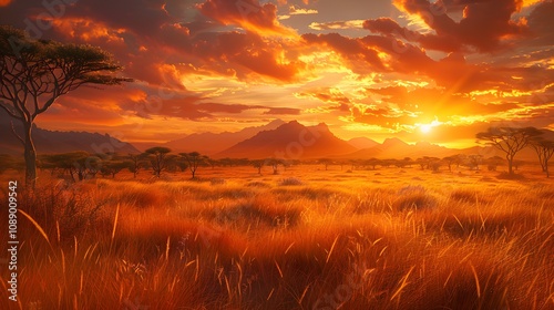 The photo showcases a sprawling savanna at sunset, golden grasslands dotted with acacia trees and distant mountains under a vibrant orange sky. Photography, National Geographic Style, spectacular back