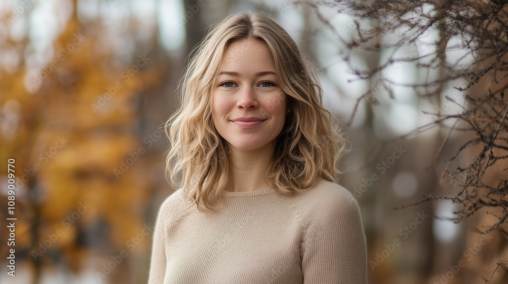 Nice smiling woman in beige sweater on autumn forest background Nice smiling woman in beige sweater on autumn forest background