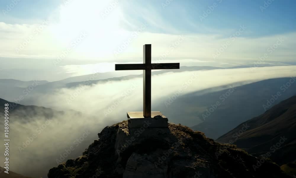 Crucifix at the top of a Mountain with Sunlight Breaking through the Clouds Crucifix at the top of a Mountain with Sunlight Breaking through the Clouds