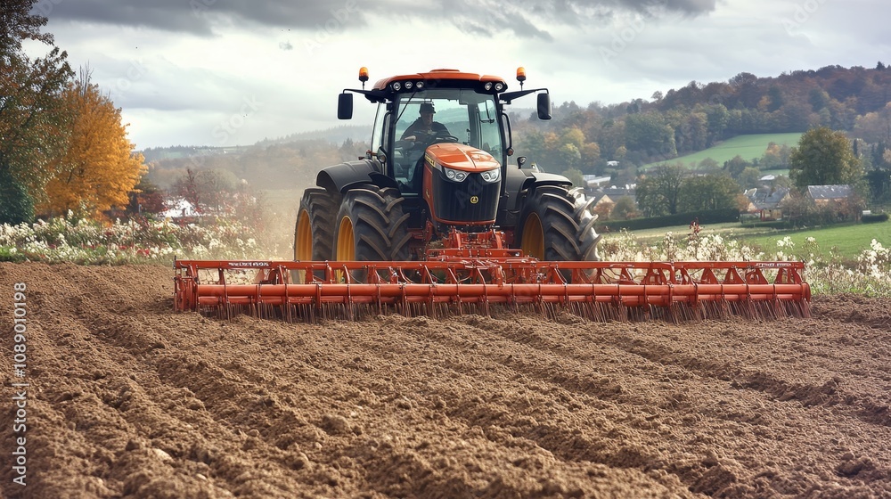 Obraz premium Powerful Tractor Plowing Field, Preparing Soil for Planting, Autumn Countryside Landscape